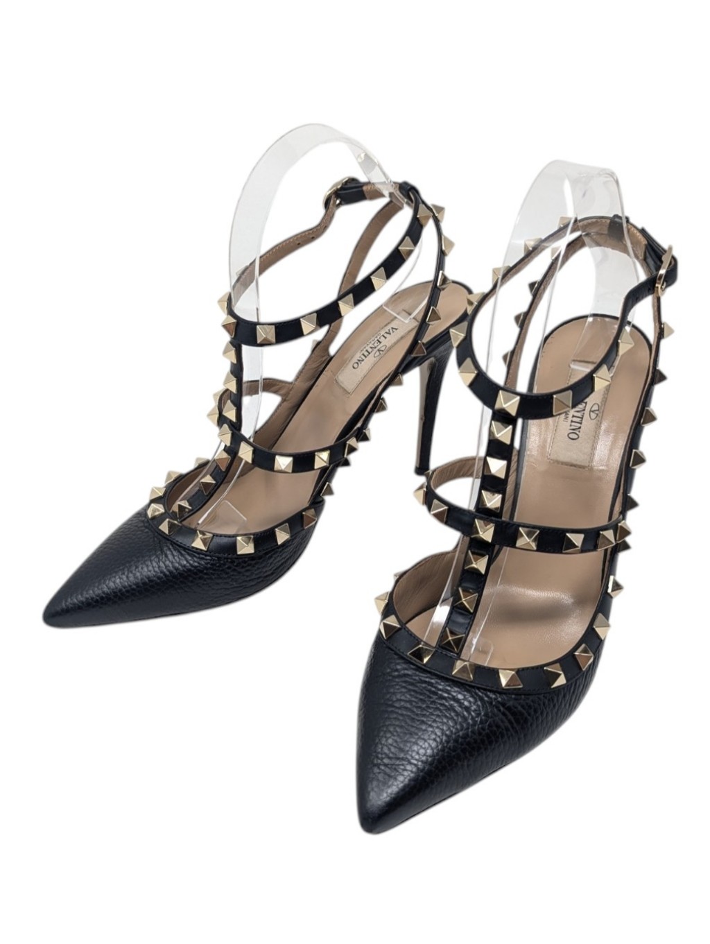 Valentino Garavani Rockstud Black Pebbled Leather Caged Pointed Pump Sz Eu 38.5